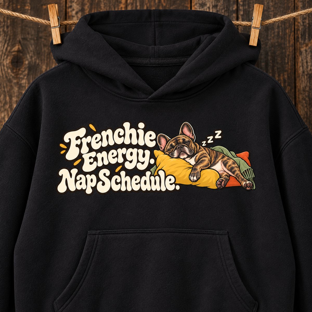 Close-up of the Frenchie Energy. Nap Schedule front print on a black French Bulldog hoodie.