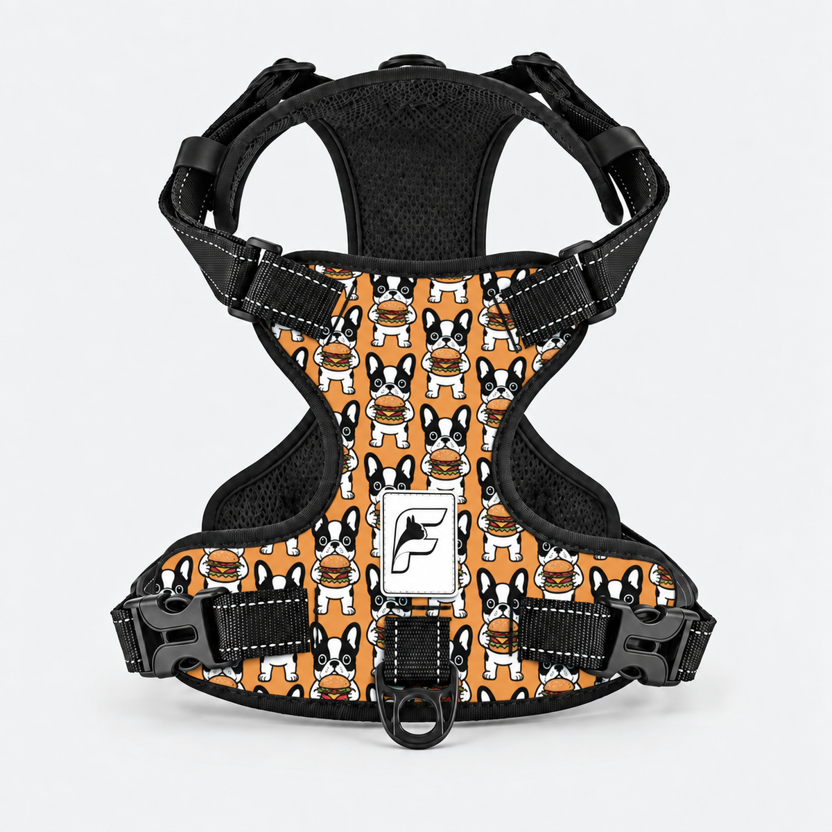 Burger Frenchie no-pull dog harness, orange print of dogs with burgers