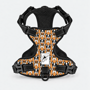 Burger Frenchie no-pull dog harness, orange print of dogs with burgers