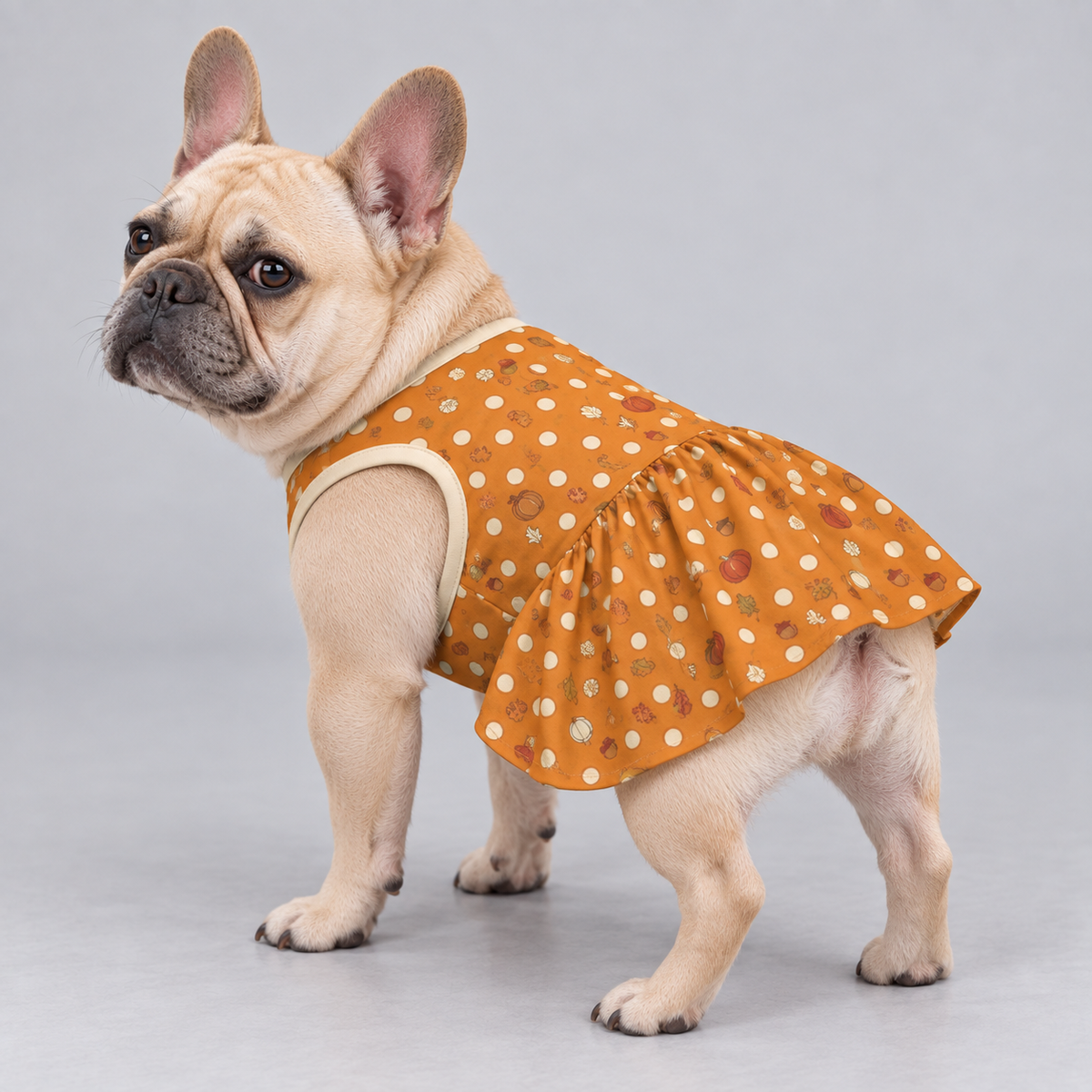 Autumn Pumpkin Polka Dot French Bulldog Ruffle Dress