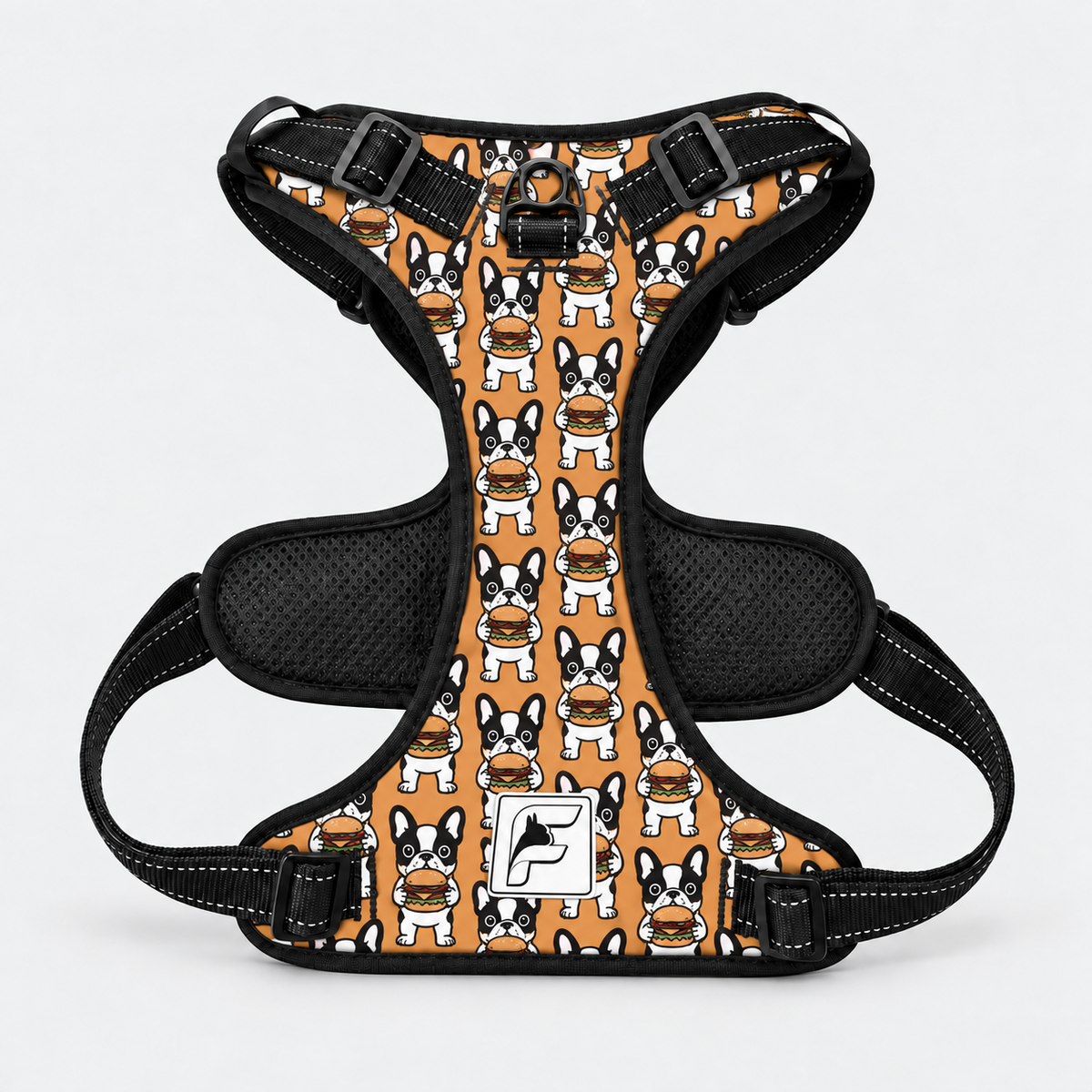 Burger Frenchie no-pull dog harness, black trim and side-release buckles