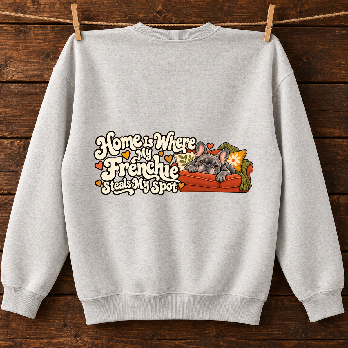 Close-up of Home Is Where My Frenchie Steals My Spot back artwork on a oat gray fleece sweatshirt