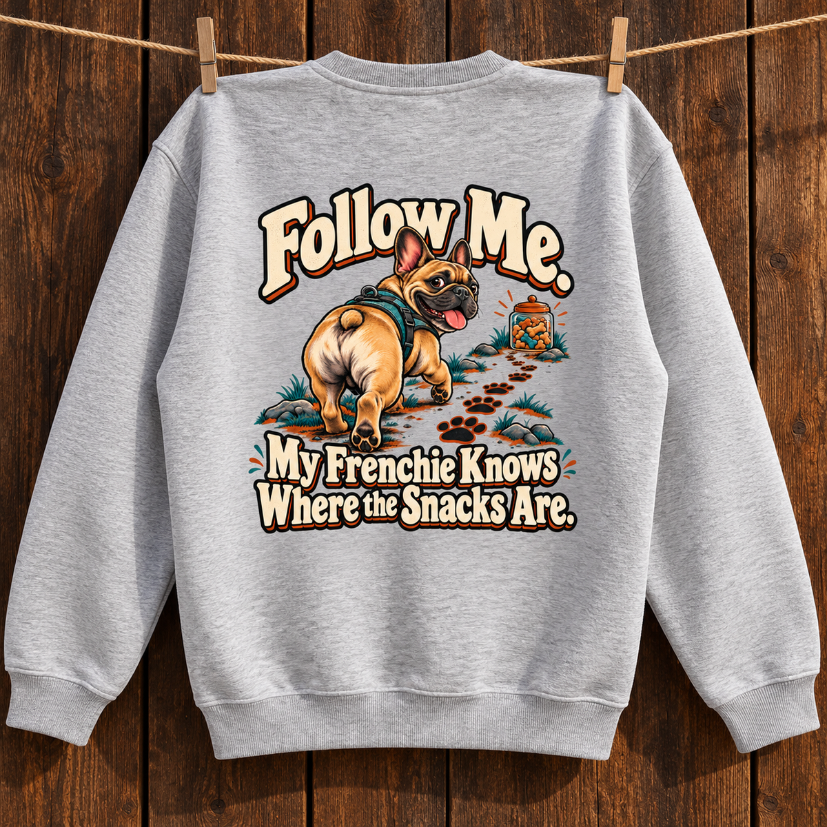 Model wearing a flower gray French Bulldog sweatshirt with Follow Me. My Frenchie Knows Where the Snacks Are. on the back