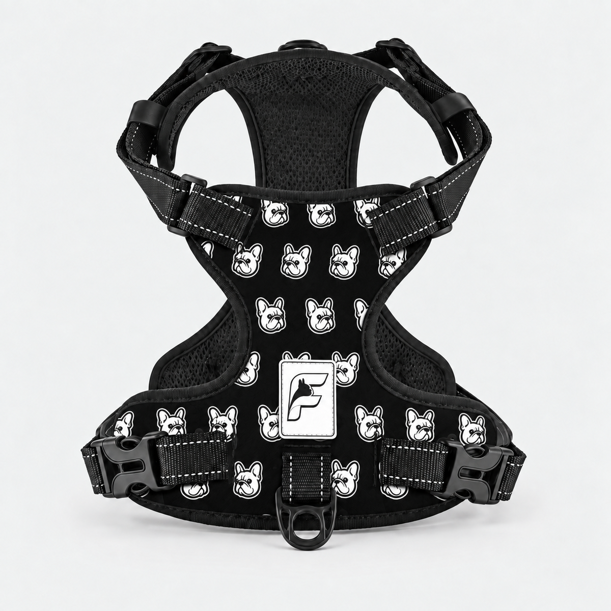 Classic Frenchie Faces no-pull dog harness, black print with white dog faces