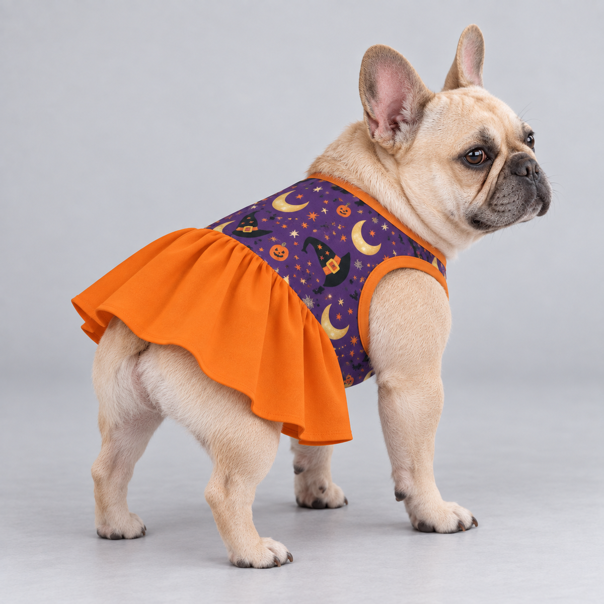 Halloween Witch Pumpkin French Bulldog Ruffle Dress
