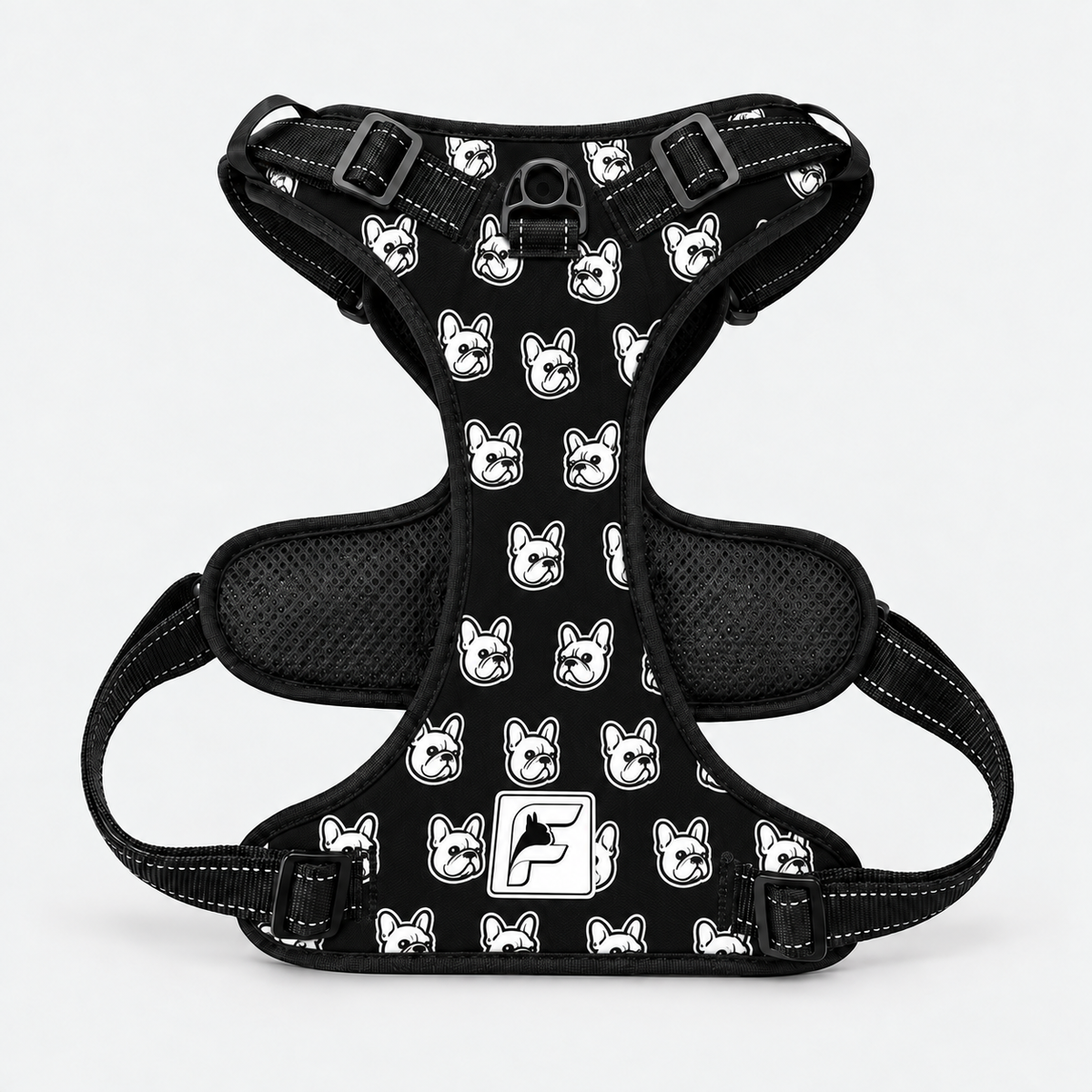 Classic Frenchie Faces no-pull dog harness, black trim and side-release buckles