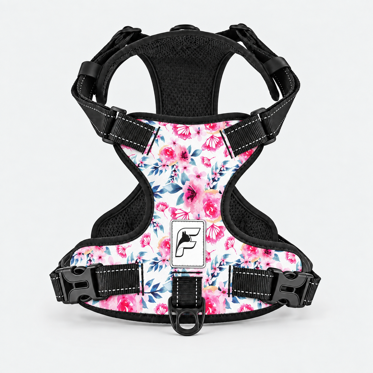 Pink Blossom French Bulldog no-pull harness, pink flowers and blue foliage on white