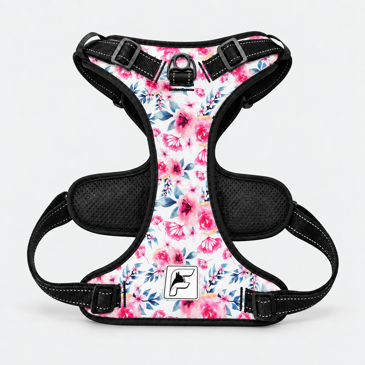 Pink Blossom French Bulldog no-pull harness, black trim and adjustable neck and chest straps
