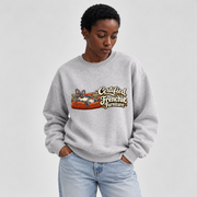 Model wearing a flower gray French Bulldog sweatshirt with Certified Frenchie Furniture on the front
