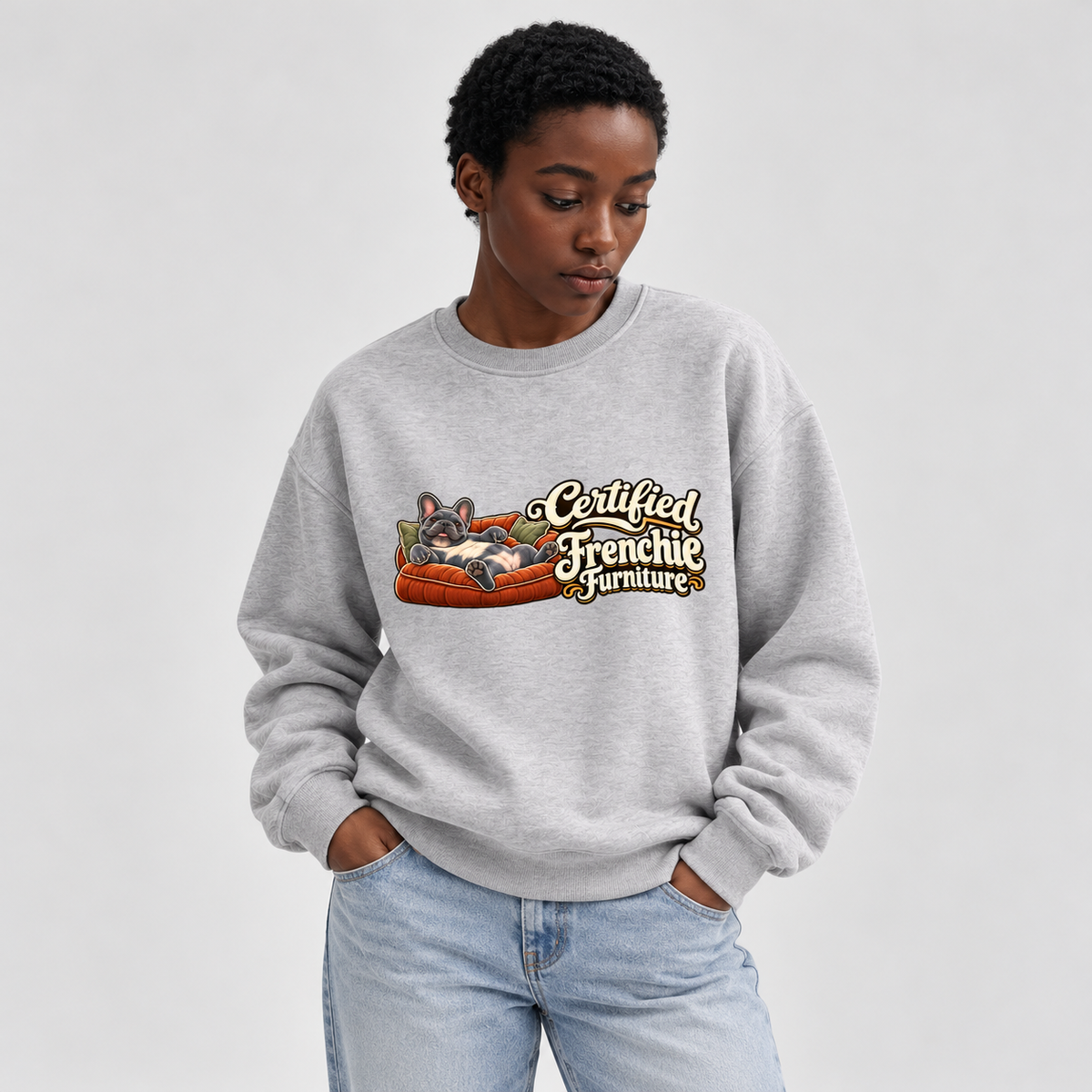 Model wearing a flower gray French Bulldog sweatshirt with Certified Frenchie Furniture on the front