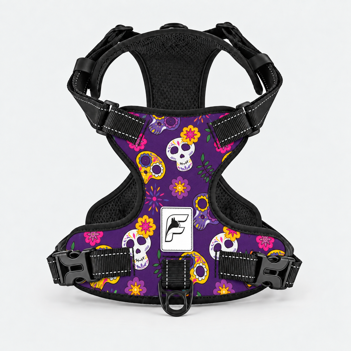 Sugar Skull French Bulldog no-pull harness, purple print with colorful sugar skulls and flowers