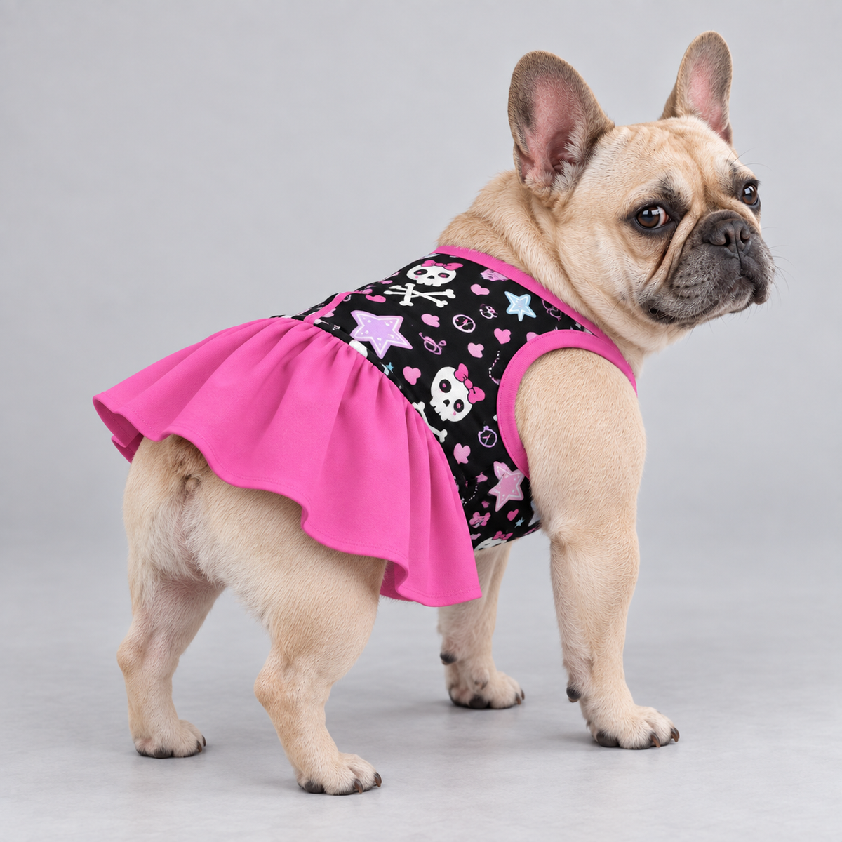 Pink Skull and Stars French Bulldog Ruffle Dress