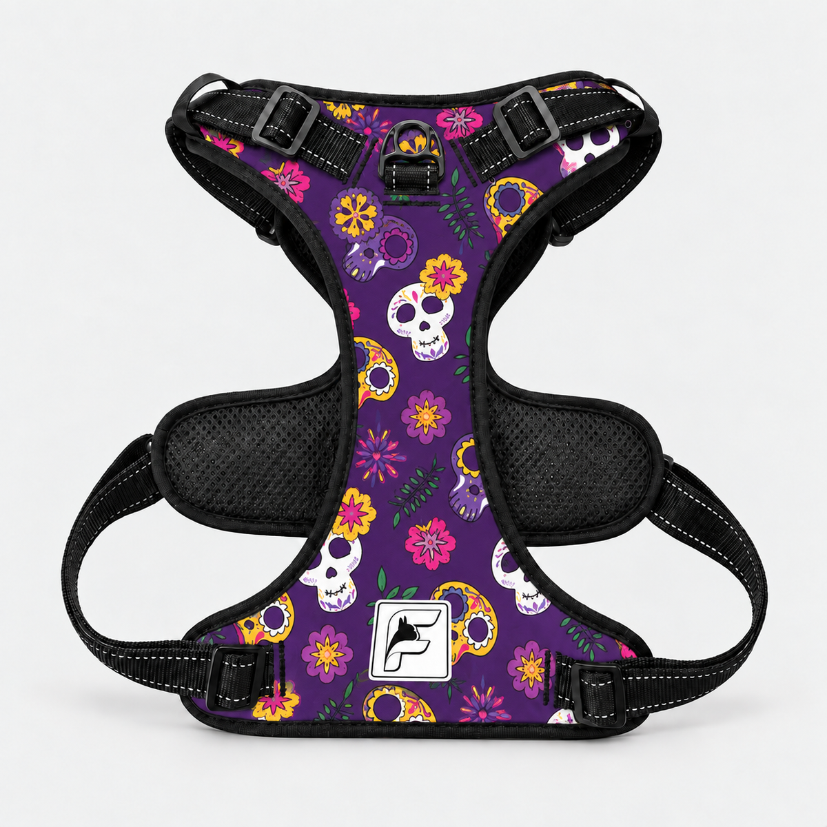 Sugar Skull French Bulldog no-pull harness, black trim and side-release buckles