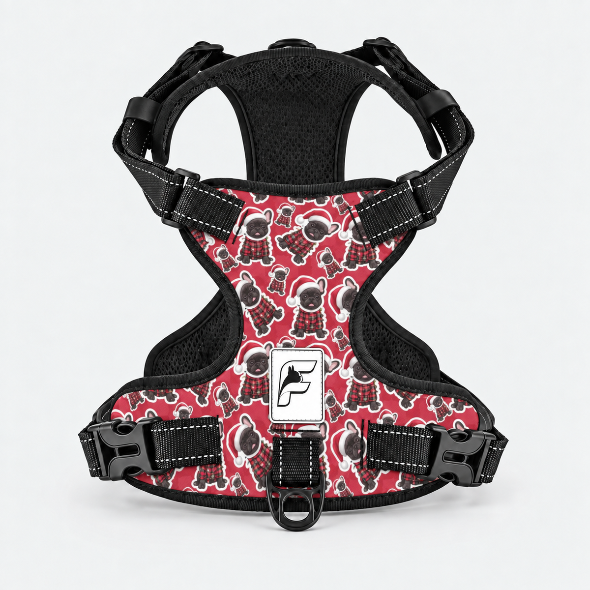 Holiday Frenchie Stickers no-pull dog harness, red print with festive dog illustrations