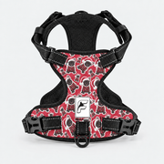 Holiday Frenchie Stickers no-pull dog harness, red print with festive dog illustrations