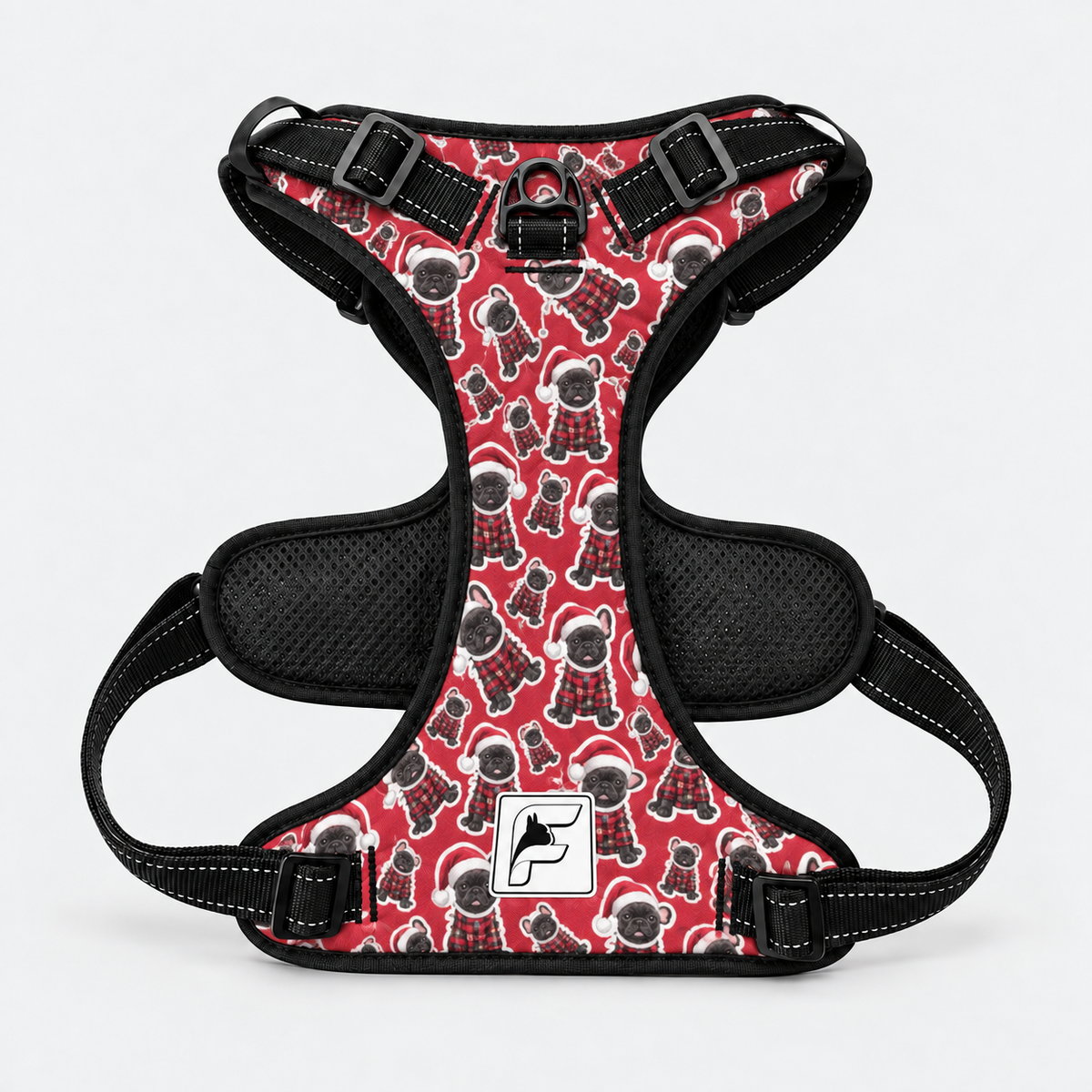 Holiday Frenchie Stickers no-pull dog harness, black trim and adjustable neck and chest straps