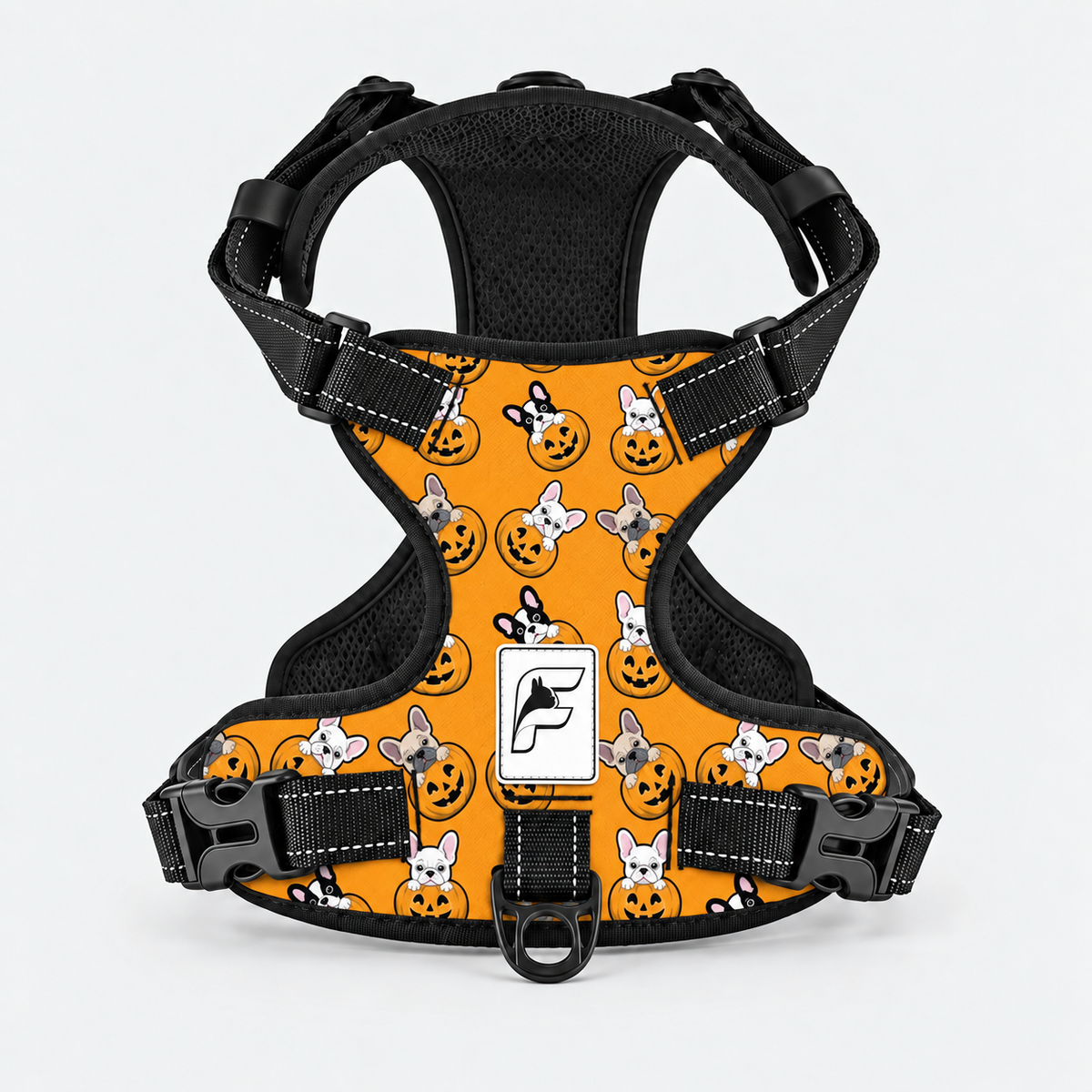Pumpkin Frenchie no-pull dog harness, orange print with dogs and jack-o-lanterns