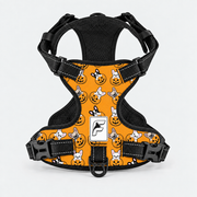 Pumpkin Frenchie no-pull dog harness, orange print with dogs and jack-o-lanterns