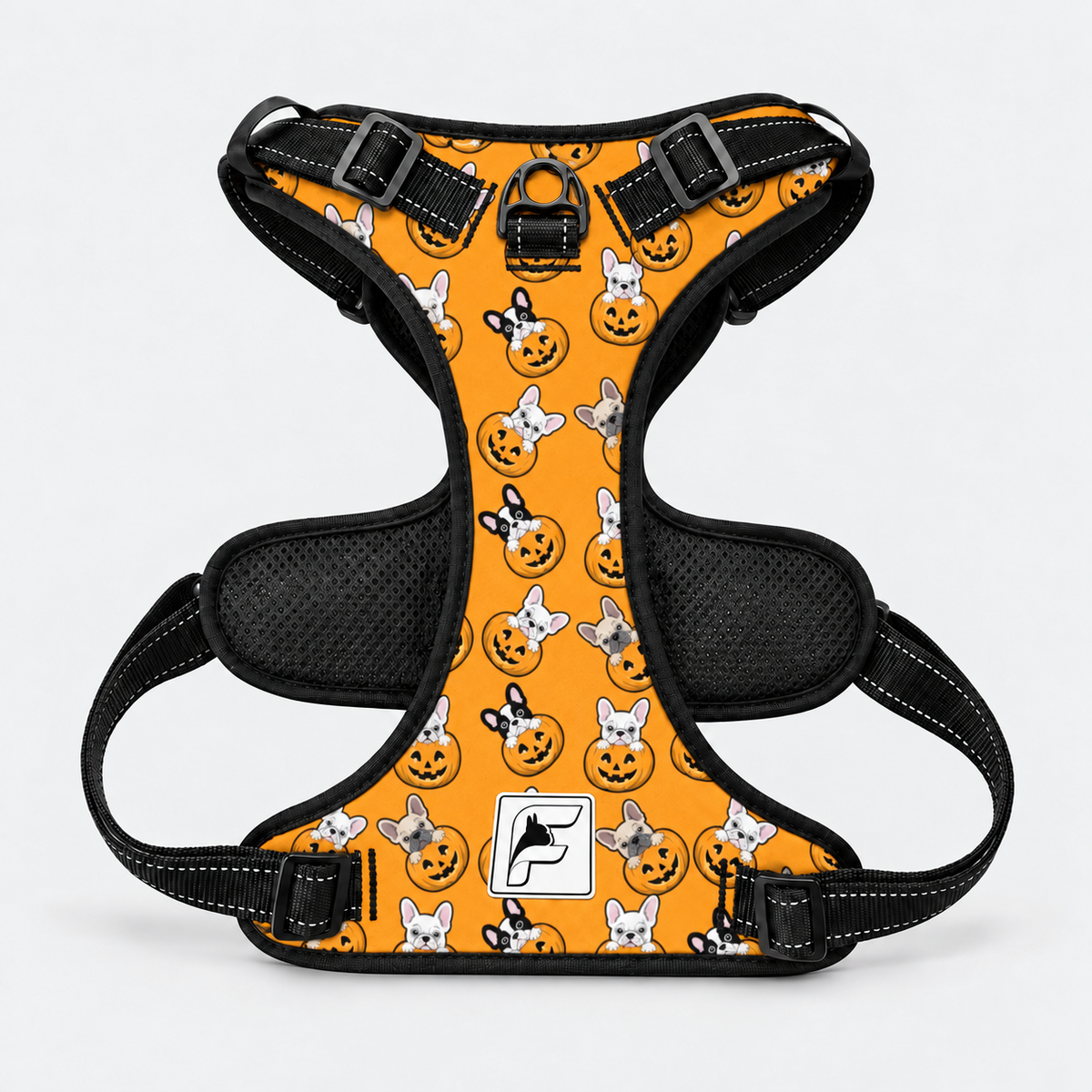 Pumpkin Frenchie no-pull dog harness, black trim and side-release buckles