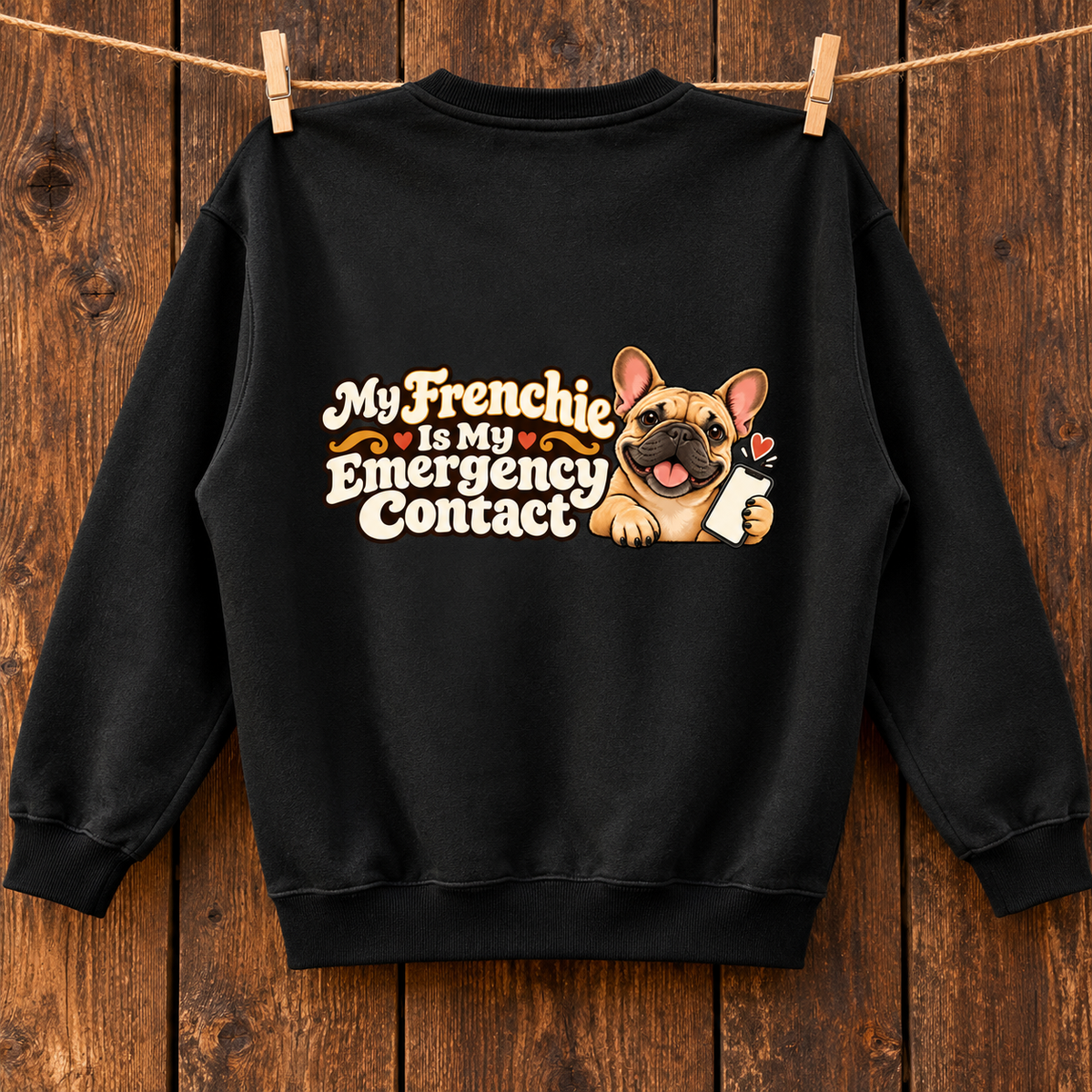 Close-up of My Frenchie Is My Emergency Contact back artwork on a black fleece sweatshirt
