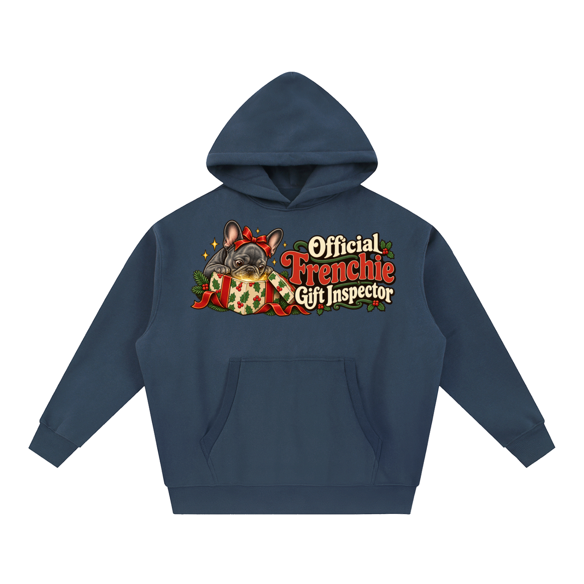 Navy Blue French Bulldog hoodie showing the Official Frenchie Gift Inspector front artwork.