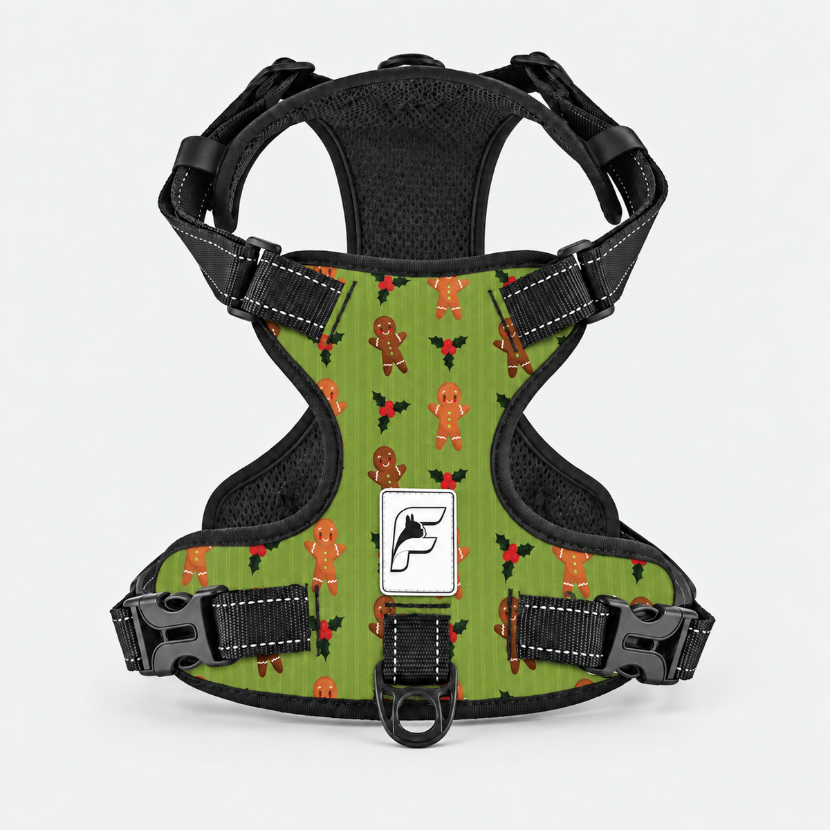Gingerbread Christmas French Bulldog harness, green no-pull vest with gingerbread and holly print
