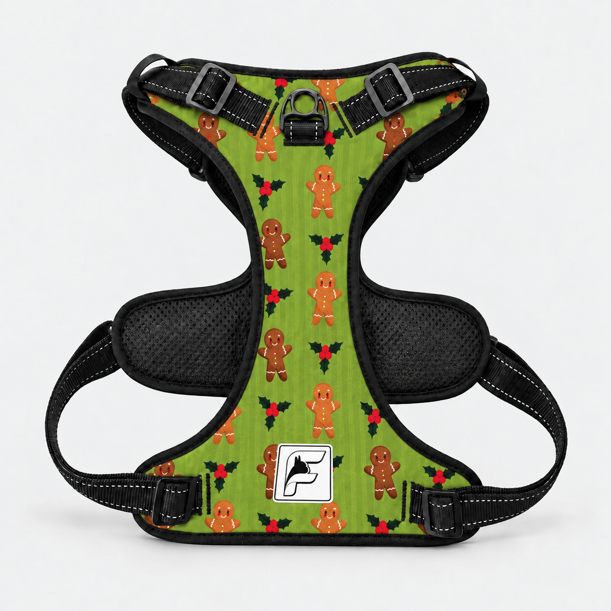 Gingerbread Christmas no-pull harness for French Bulldogs with padded breathable mesh lining