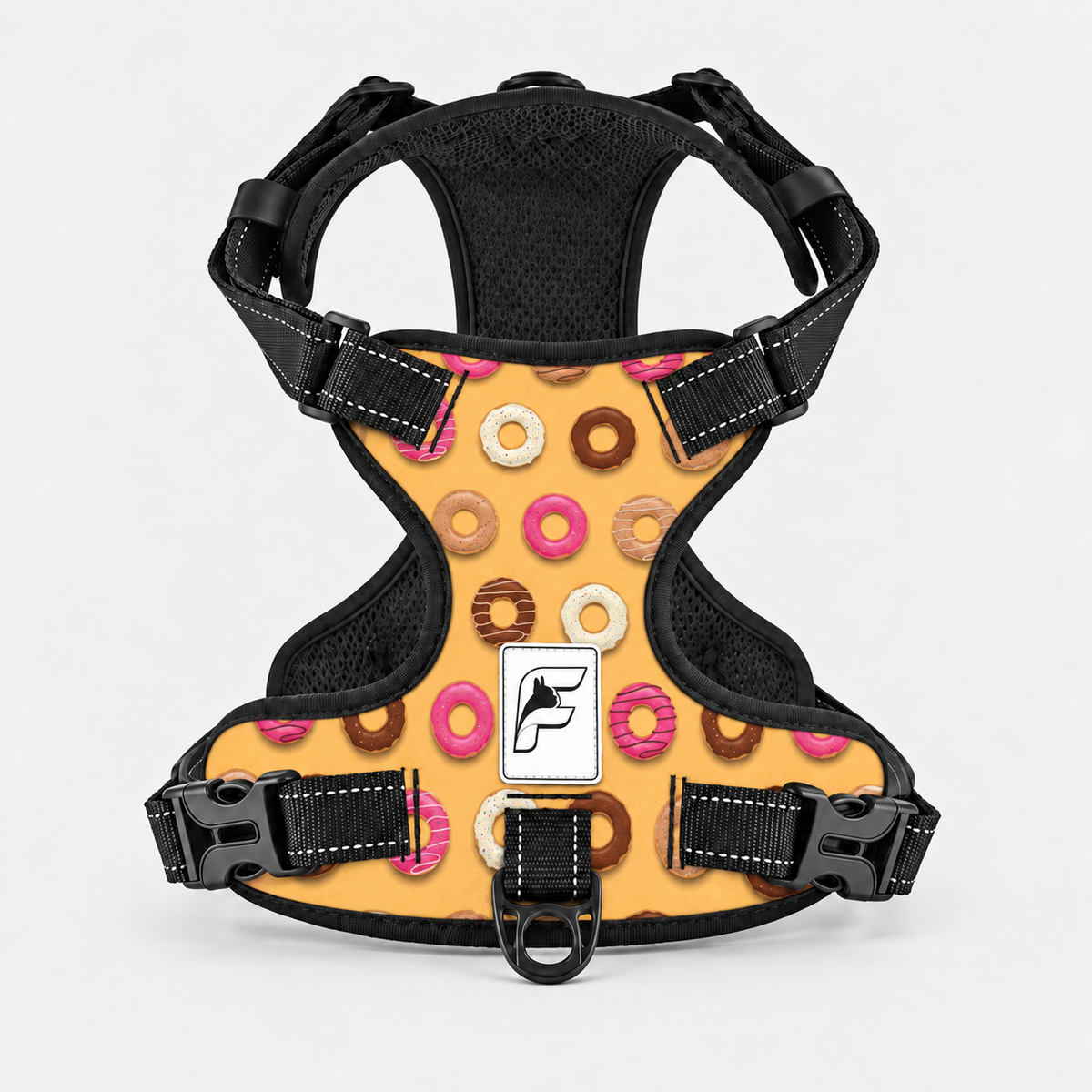 Sweet Donuts French Bulldog no-pull harness, golden yellow print with colorful donuts