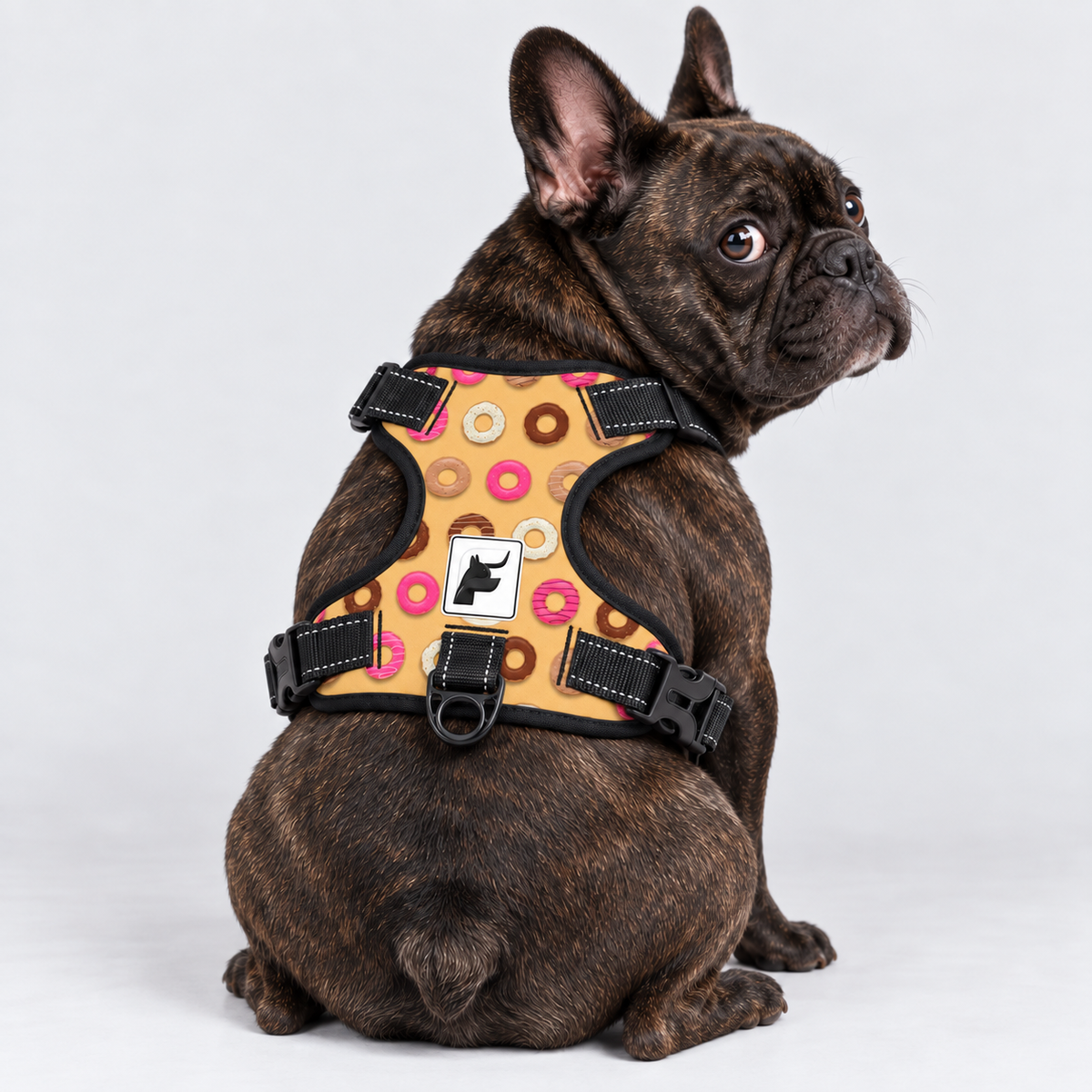 Sweet Donuts French Bulldog no-pull harness, padded mesh lining and metal leash rings