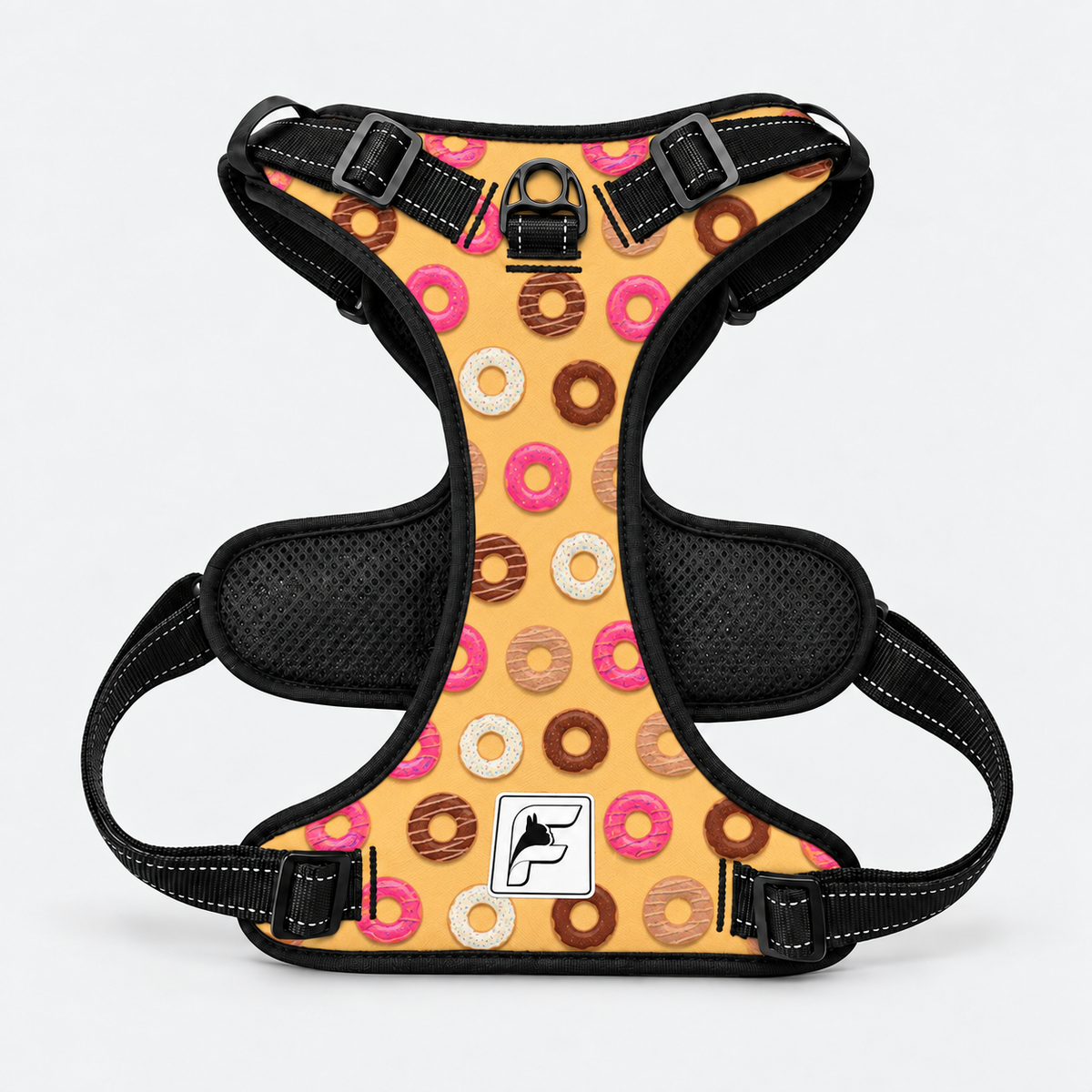 Sweet Donuts French Bulldog no-pull harness, black trim and adjustable neck and chest straps