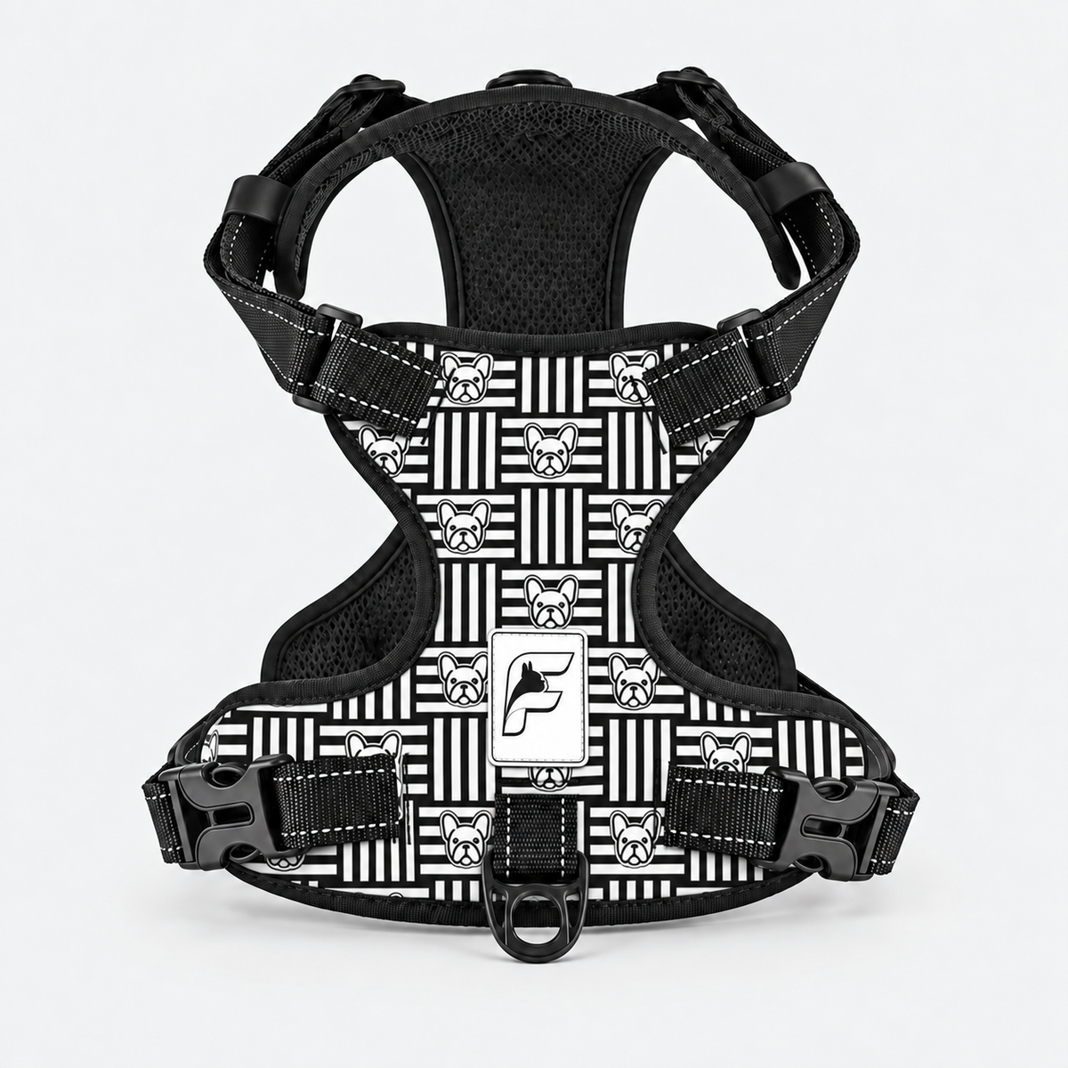 Geometric Frenchie no-pull dog harness, black and white geometric pattern with dog faces