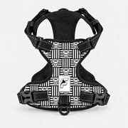 Geometric Frenchie no-pull dog harness, black and white geometric pattern with dog faces