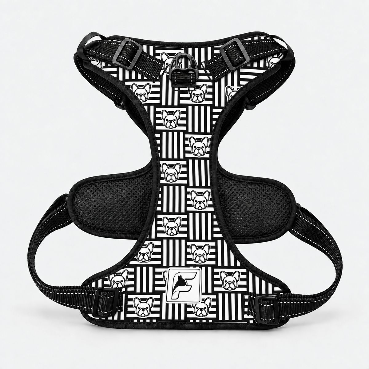 Geometric Frenchie no-pull dog harness, black trim and side-release buckles