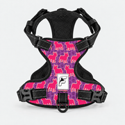 Pink Frenchie Pop no-pull dog harness, purple print with bright pink dog silhouettes