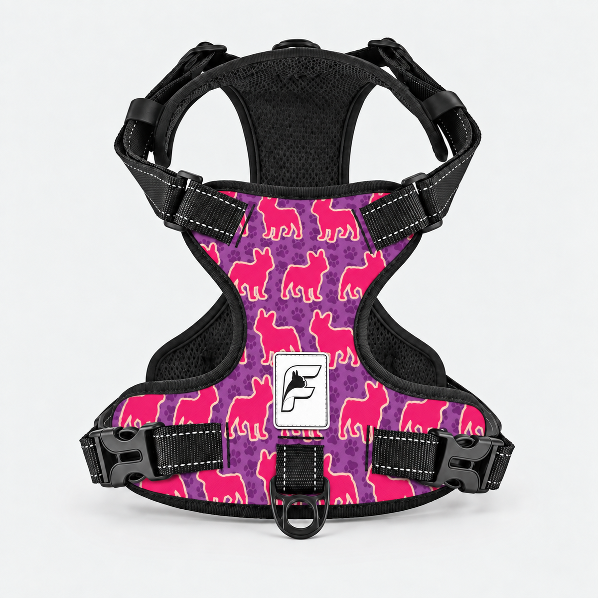 Pink Frenchie Pop no-pull dog harness, purple print with bright pink dog silhouettes