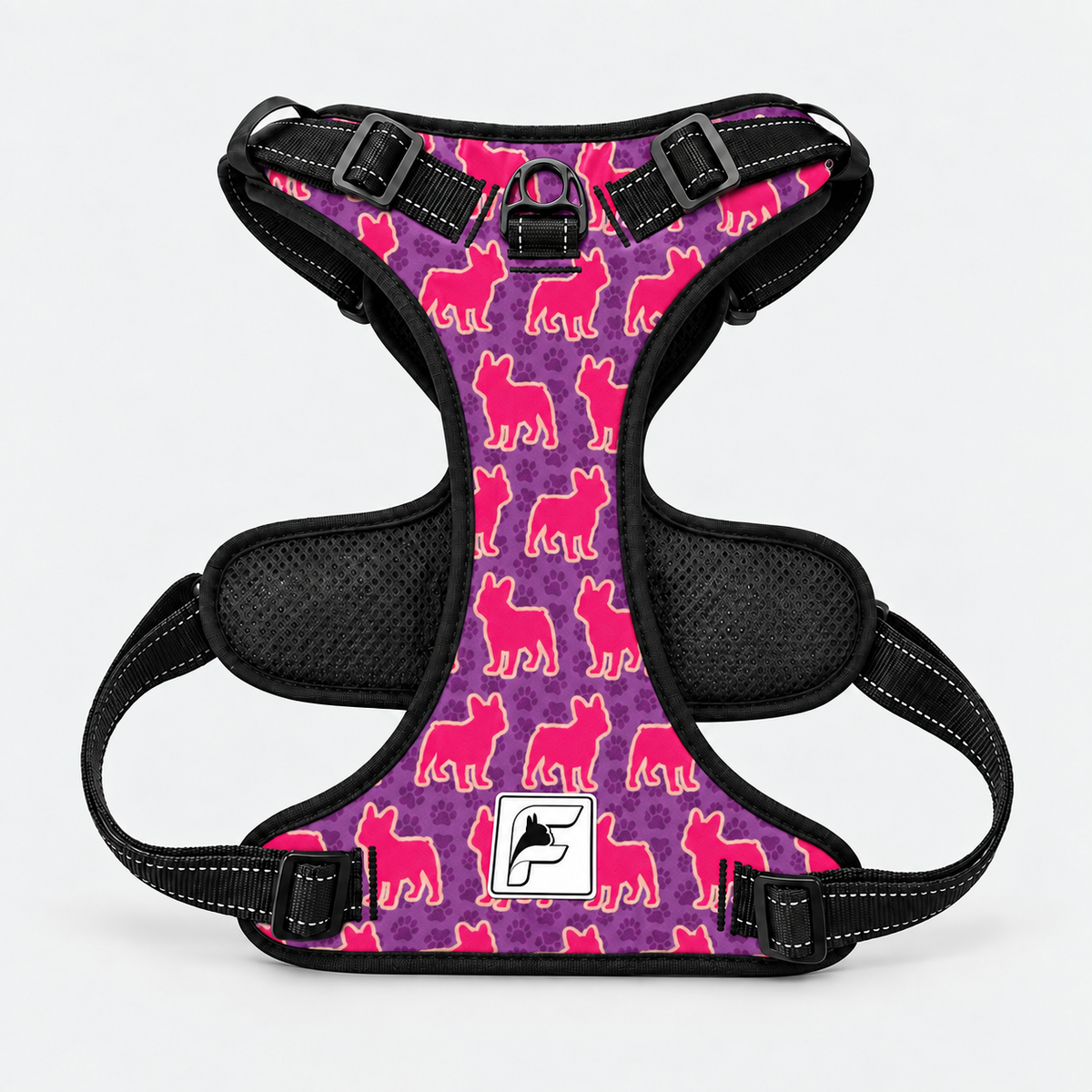 Pink Frenchie Pop no-pull dog harness, black trim and adjustable neck and chest straps