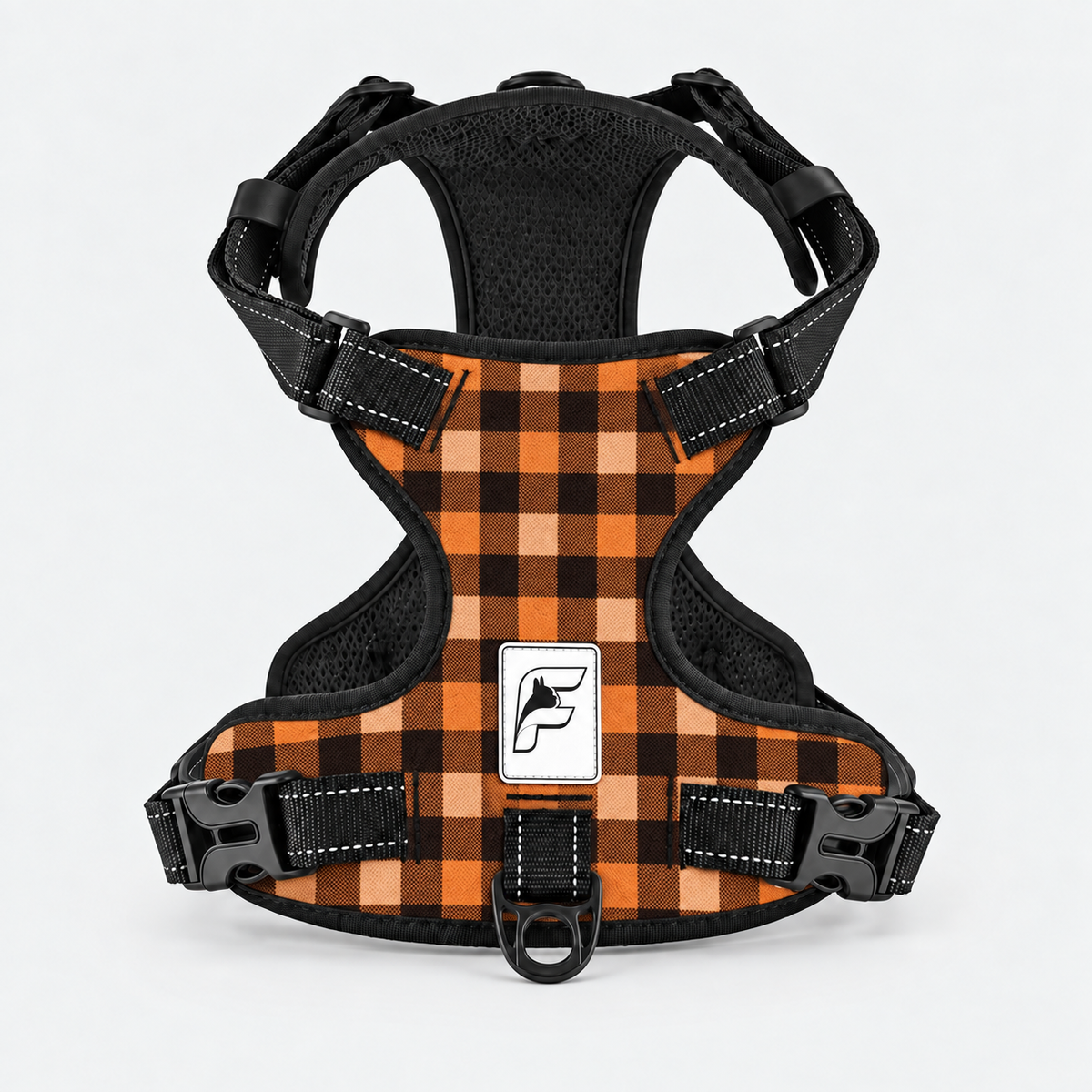 Autumn Buffalo Check French Bulldog no-pull harness, orange and black buffalo check