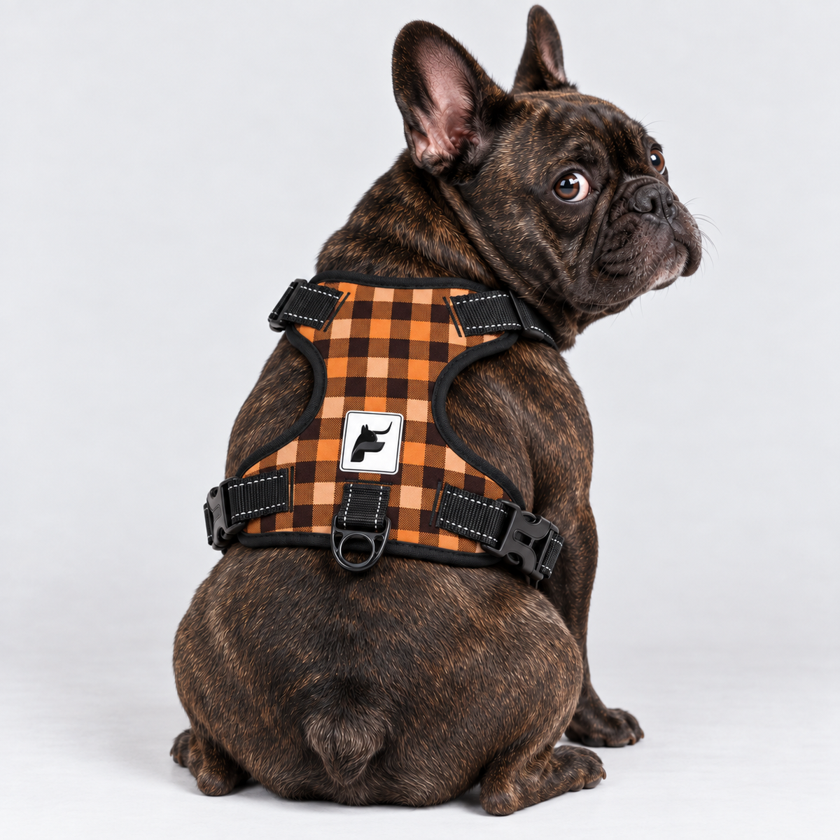 Autumn Buffalo Check French Bulldog no-pull harness, padded mesh lining, sizes S to XL