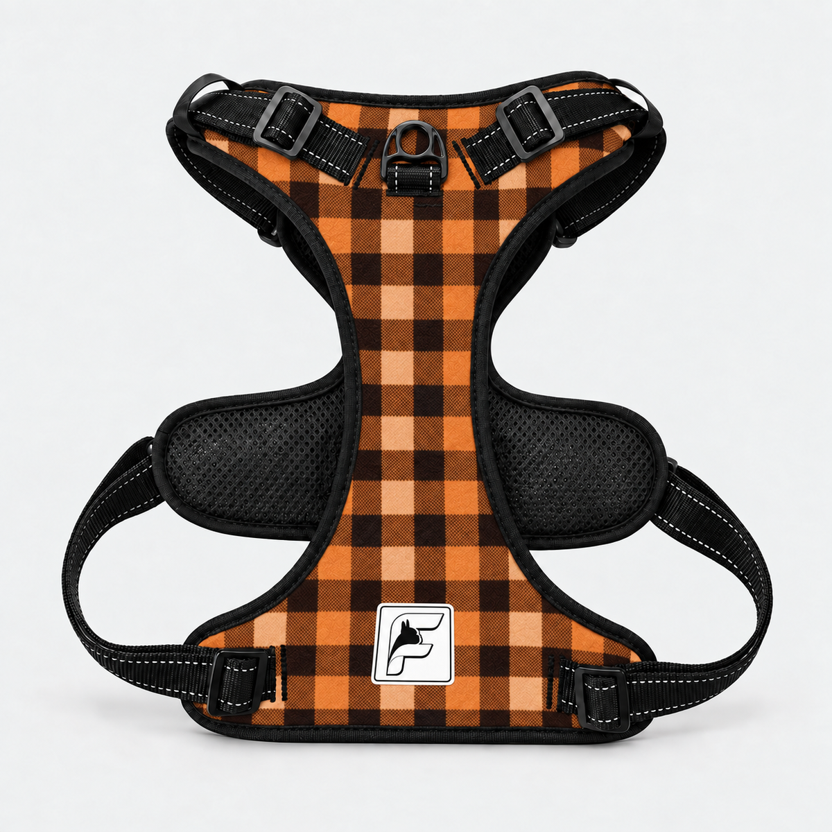 Autumn Buffalo Check French Bulldog no-pull harness, black trim and side-release buckles