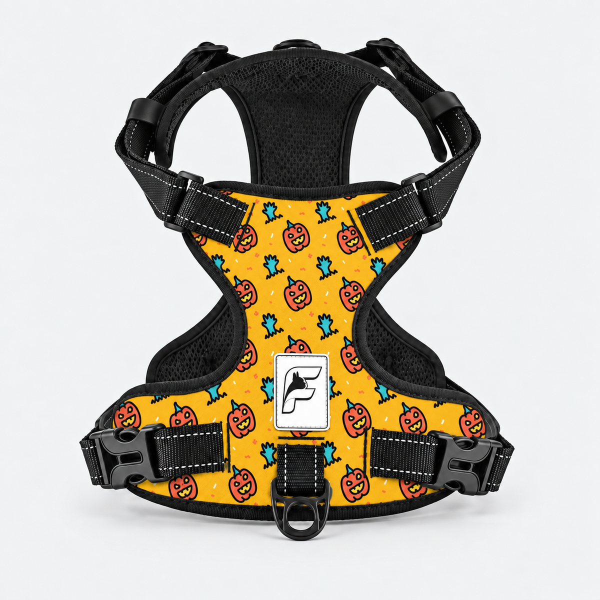Pumpkins & Monsters French Bulldog no-pull harness, yellow print with pumpkins and playful monsters
