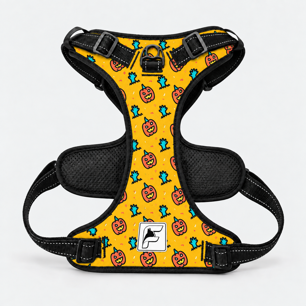 Pumpkins & Monsters French Bulldog no-pull harness, black trim and adjustable neck and chest straps