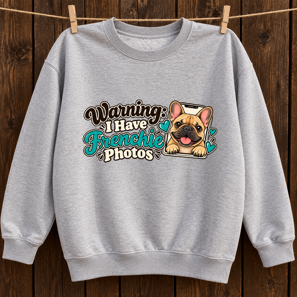 Close-up of Warning: I Have Frenchie Photos front artwork on a flower gray fleece sweatshirt