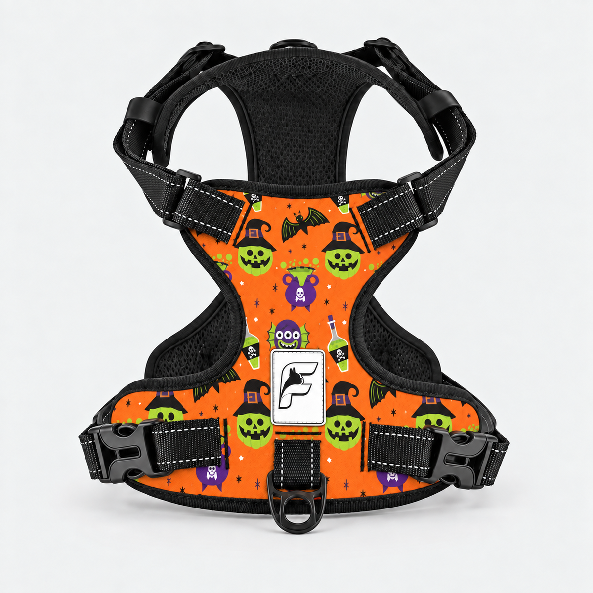 Halloween Party French Bulldog no-pull harness, orange print with colorful Halloween characters