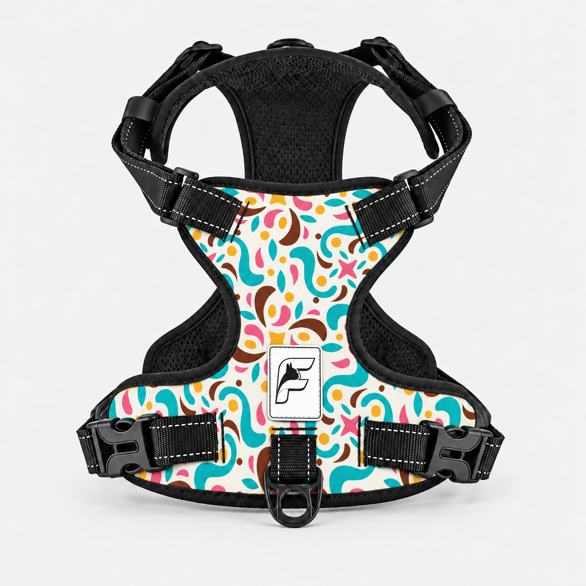 Retro Color Pop French Bulldog no-pull harness, multicolored retro shapes on white