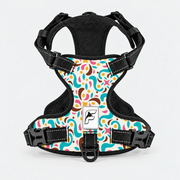 Retro Color Pop French Bulldog no-pull harness, multicolored retro shapes on white