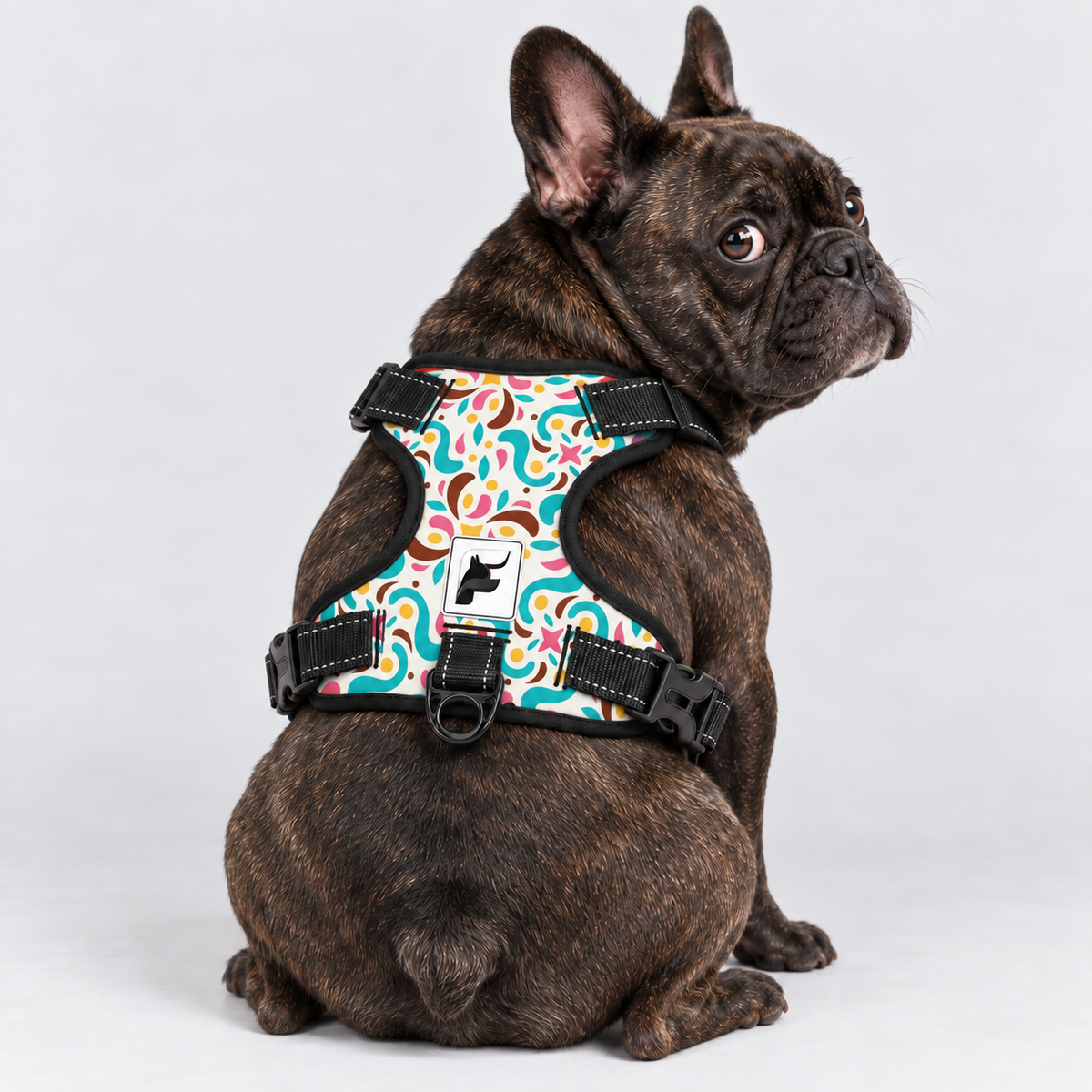 Retro Color Pop French Bulldog no-pull harness, padded mesh lining and metal leash rings