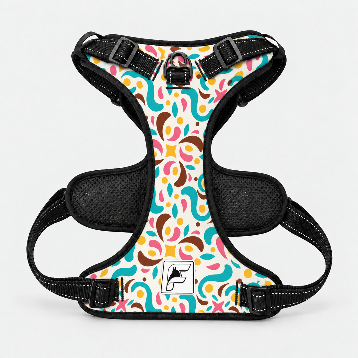 Retro Color Pop French Bulldog no-pull harness, black trim and adjustable neck and chest straps