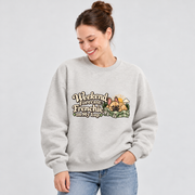 Model wearing a oat gray French Bulldog sweatshirt with Weekend Forecast: Frenchie on My Lap on the front