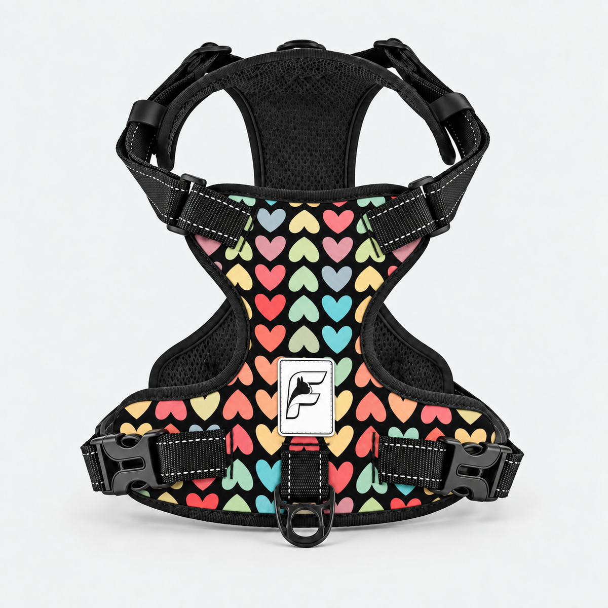 Pastel Hearts French Bulldog no-pull harness, black print with rows of pastel hearts