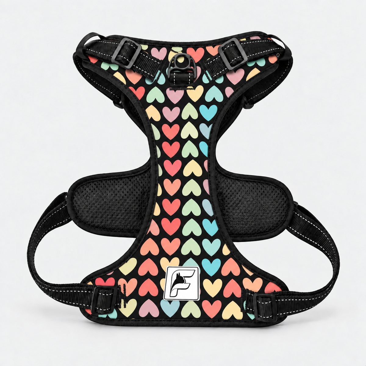 Pastel Hearts French Bulldog no-pull harness, black trim and side-release buckles